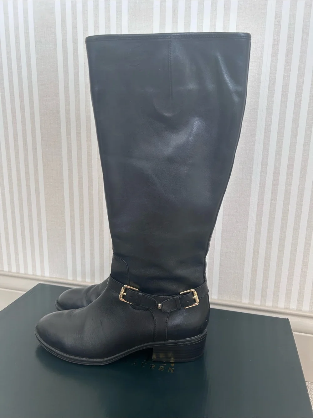 Lauren Ralph Lauren Black Marion Riding Boots with Gold Logo Double Buckle Sz 7